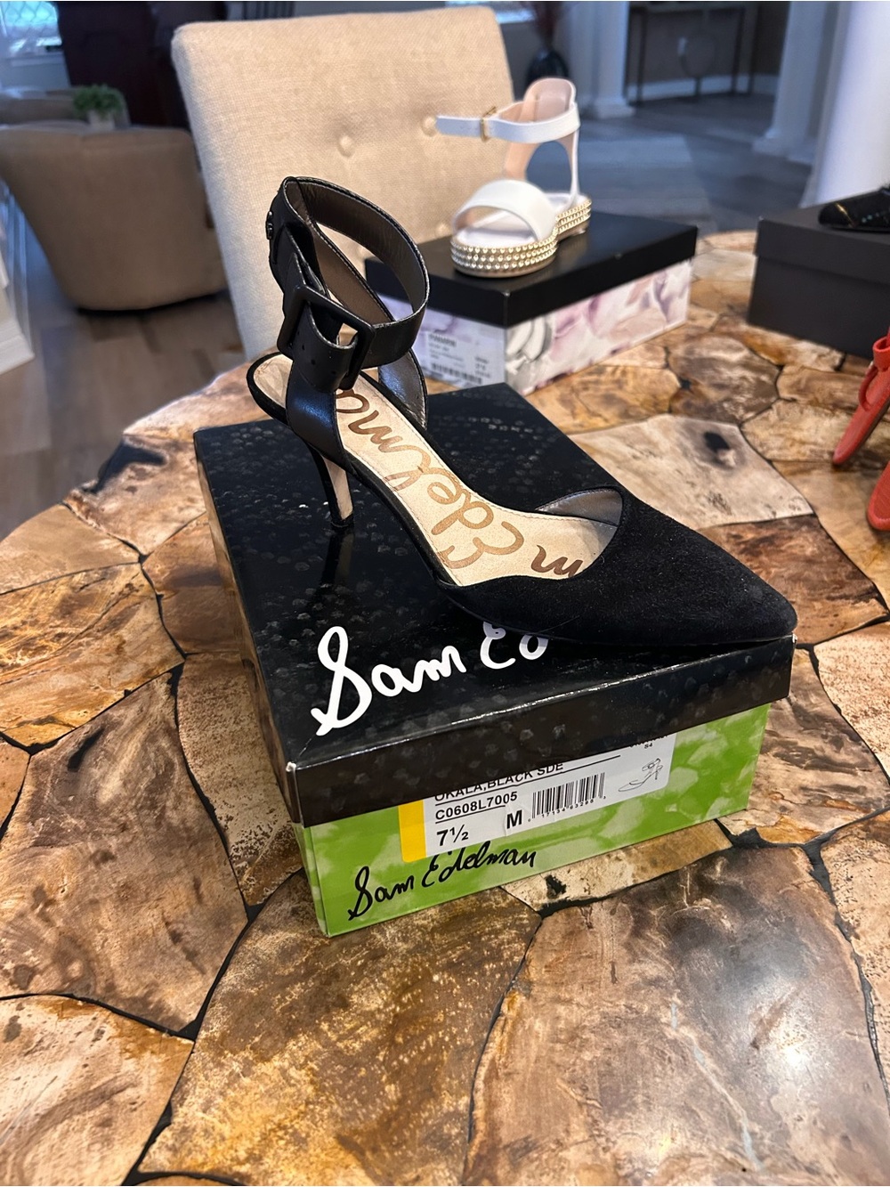 Sam Edelman Black Suede Pointed-Toe Ankle Strap Heels